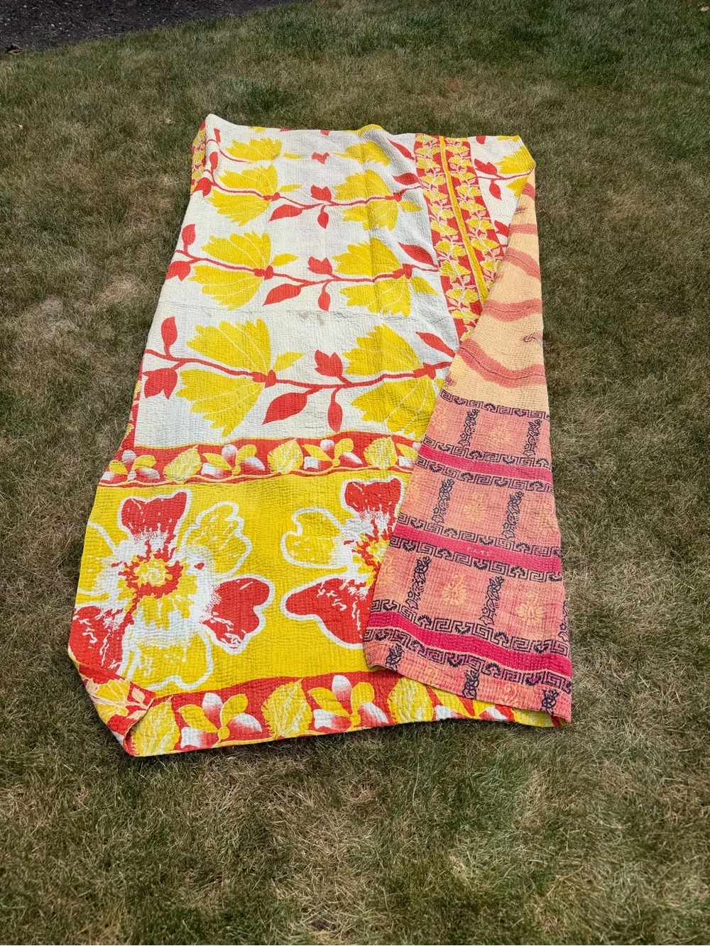 Vintage Indian Kantha Quilt Reversible Cotton Sari Throw Blanket Boho Pink Orang